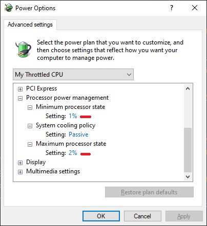 Windows Power options advanced settings