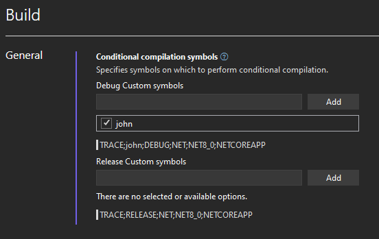 Image of the Build tab in Visual Studio showing conditional compilation symbols